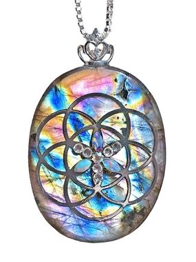 Labradorite + 3 Opals Pendant with Silver Seed of Life